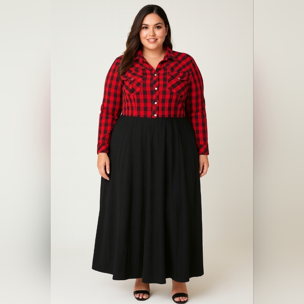 eShakti Buffalo Plaid Maxi Dress Size 18W Long Sleeve EUC